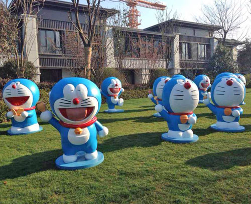 蓝色动漫小猫组合玻璃钢雕塑